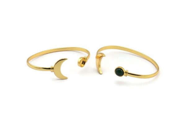 Gold Moon Cuff, Gold Plated Brass Moon And Planet Cuff Stone Setting With 1 Pad -  Pad Size 8mm N0981 Supply