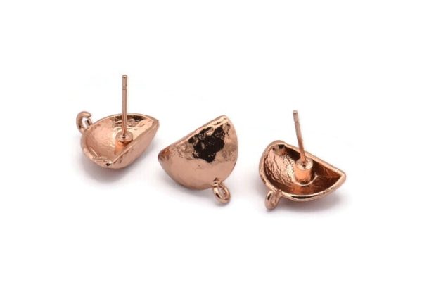 Rose Gold Earring Post, 4 Rose Gold Plated Brass Half Moon Earring Posts With 1 Loop (14x15mm) BS 2440 Online - Image 2