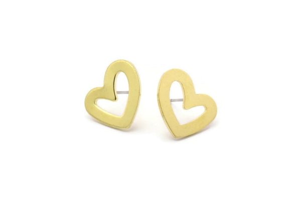Brass Heart Earring, 6 Raw Brass Heart Stud Earrings (16x14x1mm) M863 A2239 For Discount - Image 2