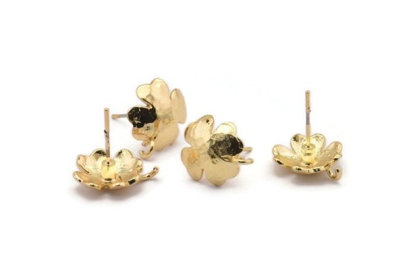 Gold Earring Post, 4 Gold Plated Brass Leaf Earring Posts With 1 Loop (14x12mm) BS 2438 Q1057 Cheap - Image 2